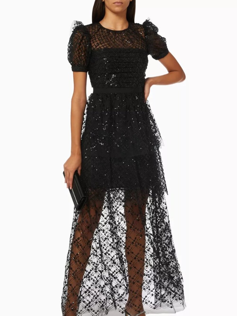 Self Portrait Black Sequin Tiered Maxi Dress, US 0, Like New